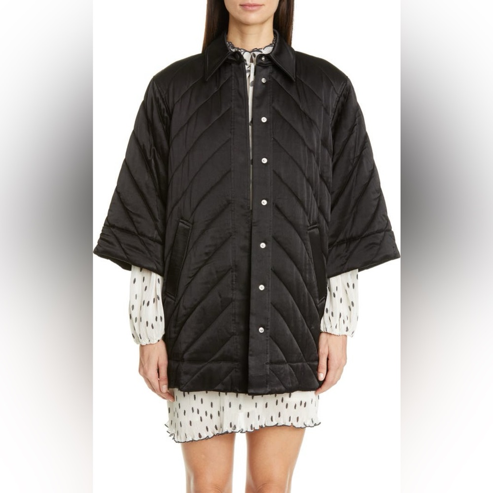 GANNI Satin Half-sleeves Quilted Jacket In Black Size 36 US 4 Winter Layering